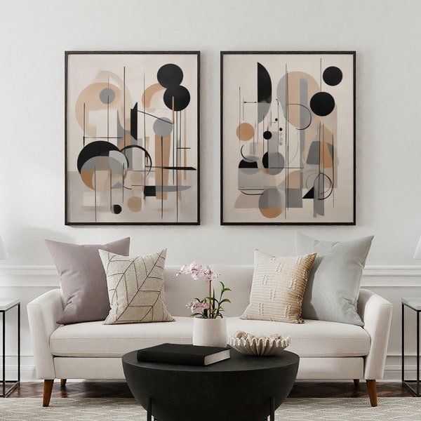 Mid-Century Modern Art Prints Duo, Minimalist Abstract Geometric Wall Decor, Digital Download Design, Stylish Home Office Gift
