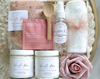 Vanille Rose Geschenkset Spa Entspannung | Körperpflege Geschenkbox | Vanille Blumen Körperbutter | Rosen Badesalz | Verwöhn-Geschenk | Ich denke an Dich