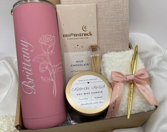 Birth Flower Gift, Custom Engraved Name Tumbler, Personalized Gift Box For Birthday, BIRTHDAY Gift, Gift Basket For Mentor, BFF Gift