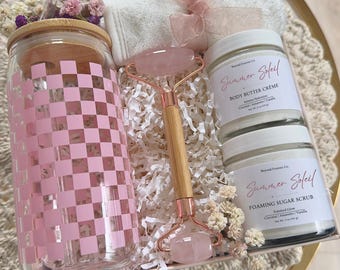 Geschenkbox für Frauen | Face Roller Körperpeeling Körperbutter Tumbler | Luxus-Verwöhnset | Hautpflege Geschenkkorb für Mama Schwester Freund