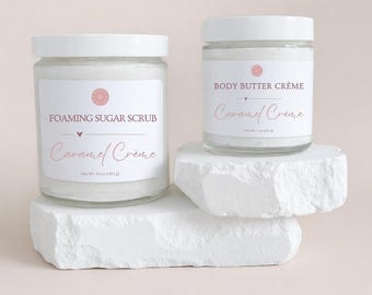 Gepeitschte Körperbutter & Schaumzucker-Peeling | Karamell Creme | Hautpflege Duo Set | Gourmand Hautpflege Geschenkset