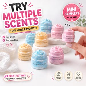 Zestaw miniaturowych próbek masła do ciała | Masło do ciała ubijane 1,5 uncji | Wypróbuj różne zapachy | Nietłuste masło shea i mango | Prezent w rozmiarze podróżnym do pielęgnacji skóry