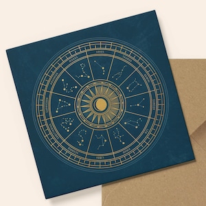 Cartão de felicitações de mapa astral, zodíaco, aniversário, obrigado, em branco, dentro - horóscopo, signos de nascimento, constelações, lua, estrelas, arte, ilustração