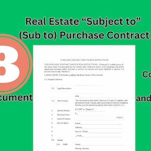 Op de afbeelding: Een pagina uit een koopcontract voor onroerend goed met de titel "Real Estate "Subject to" (Sub to) Purchase Contract". Het document is genummerd "8" en bevat secties voor het adres van de woning, de juridische beschrijving en de koopprijs.