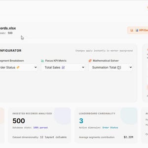 May include: A digital dashboard interface titled SupaData Engine v1.4 displaying data analytics for mock_sales_data_500_records.xlsx. The layout includes a dimension and mapping configurator, a numeric KPI library, and summary metrics showing a total consolidated sum of $6.66M.