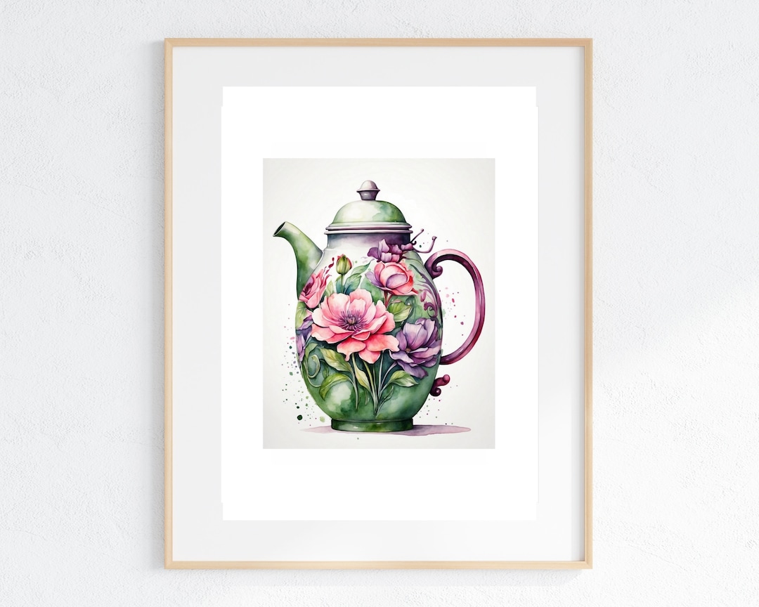 Floral Teapot Wall Art Green and Pink Tones Watercolour Etsy