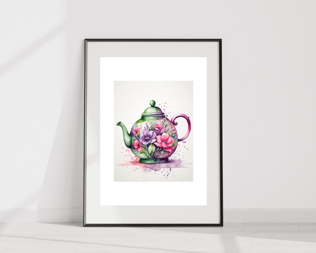 Floral Teapot Wall Art Green and Pink Floral Watercolour Etsy