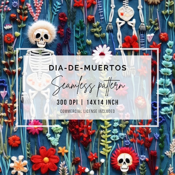 Dia-De-Muertos Seamless Pattern, Traditional Mexican Embroidery, Repeat Pattern Floral, Artful Digital Print Festive, Calavera Gothic Design