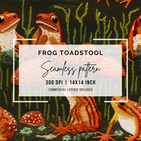 Frog Toadstool Embroidery Seamless Pattern, Mushroom Embroidered Art, Frog Decorator, Digital Download, Amphibian, Gifted Forest Creatures