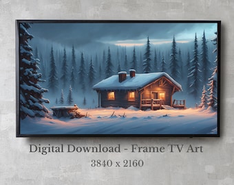May include: A digital illustration of a cozy cabin in a snowy forest. The cabin has warm, glowing windows and a snow-covered roof. The forest is dark and mysterious, with tall, snow-covered trees. The scene is peaceful and inviting.