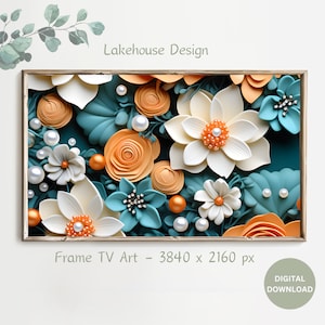 3D Floral Frame TV Art: Teal, Orange, and Pearls (Digital Download)