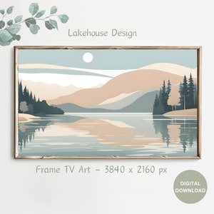 Pode incluir: Uma ilustração digital de uma cena de lago com montanhas ao fundo. O lago é de cor azul claro e as montanhas são de cor marrom claro. O céu é de cor azul claro com um sol branco. A imagem é emoldurada em uma moldura marrom clara. O texto "Lakehouse Design" está no topo da imagem. O texto "Frame TV Art - 3840 x 2160 px" está na parte inferior da imagem.