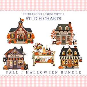 Puede incluir: Una colección digital de patrones de punto de cruz y aguja titulada NEEDLEPOINT / CROSS STITCH STITCH CHARTS FALL / HALLOWEEN BUNDLE. Los diseños incluyen una escuela, una librería, una tienda de costura, un carrito de bar y una casa otoñal.