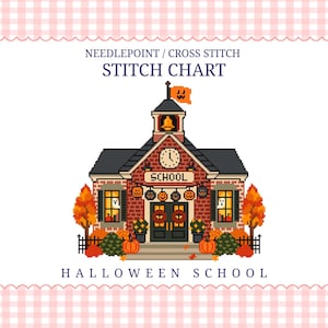 Puede incluir: Un patrón de punto de cruz y aguja titulado HALLOWEEN SCHOOL. El diseño muestra una escuela de ladrillo con un reloj, una torre de campana, una bandera naranja y ventanas con fantasmas. Decorado con calabazas, coronas y árboles de otoño.
