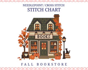 Patrón de punto de cruz de librería de otoño para pintura de tapicería, patrón de punto de cruz de biblioteca de otoño, patrón de tapicería de otoño