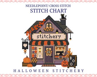 May include: A needlepoint and cross stitch pattern chart titled HALLOWEEN STITCHERY. The design features a purple shop building with orange and black accents, a black cat on the roof, pumpkins, a sign reading BOO, and a sewing machine inside.