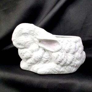 May include: A white ceramic planter shaped like a resting rabbit with textured fur details. The rabbit has closed eyes, a small pink nose, and soft pink coloring on the inside of its long ears. The top of the rabbit's back features an open cavity.