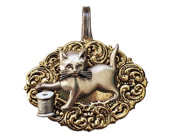 Vintage Silver Spoon Pendant Kitten & Yarn Theme Cat Pendant 3.25 X 3.25 Inches