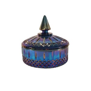 Vintage Indiana Glass Iridescent Blue Carnival Princess Covered Candy Dish
