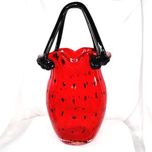 VTG Strawberry Watermelon Glass Purse Vase: Hand Blown Murano Style 12" Tall