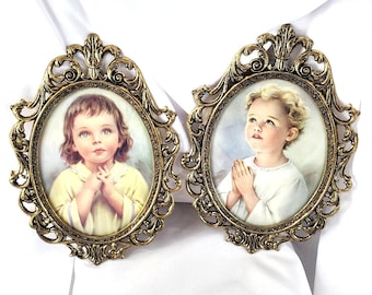 Vintage Ornate Gold Tone Oval Framed Praying Children Prints Set of 2 Decor