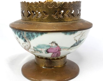 Vintage Chinese Famille Rose Porcelain & Brass Opium Lamp Hand-Painted
