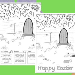 May include: Black and white Easter-themed coloring pages with a whimsical illustration of a hobbit door, foliage, and the text "Happy Easter". The pages include prompts to encourage creativity and observation.