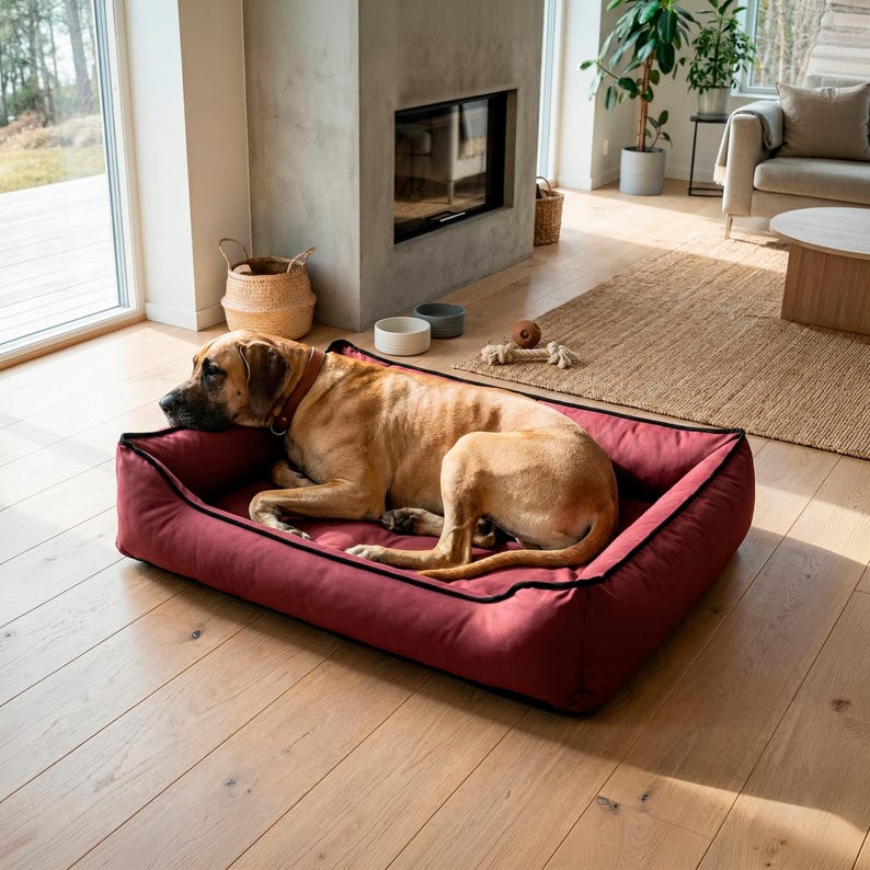 May include: A large, reddish-burgundy dog bed with black piping. A tan dog wearing a brown collar is resting inside the bed. The bed is rectangular and sits on a hardwood floor in a well-lit room.