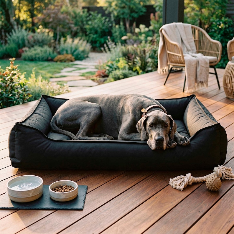 May include: A large gray dog rests in a black dog bed with a tan border. Beside the bed are two ceramic bowls on a slate tray and a rope toy. The scene is set on a wooden deck with outdoor furniture and greenery in the background.