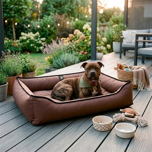 Cama para perros impermeable de color marrón, sofá de lujo personalizado para mascotas, muebles para perros grandes, funda extraíble y lavable.