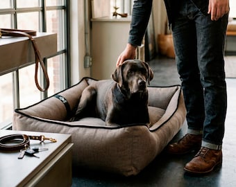 Textured Woven Beige Dog Bed Personalized Name – Orthopedic Furniture-Grade Pet Sofa, Washable Cover