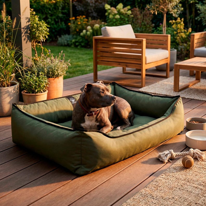 May include: An olive green dog bed with a black trim, a dog is resting inside. The bed is on a wooden deck, with a dog toy and bowls nearby. The dog is wearing a red collar.