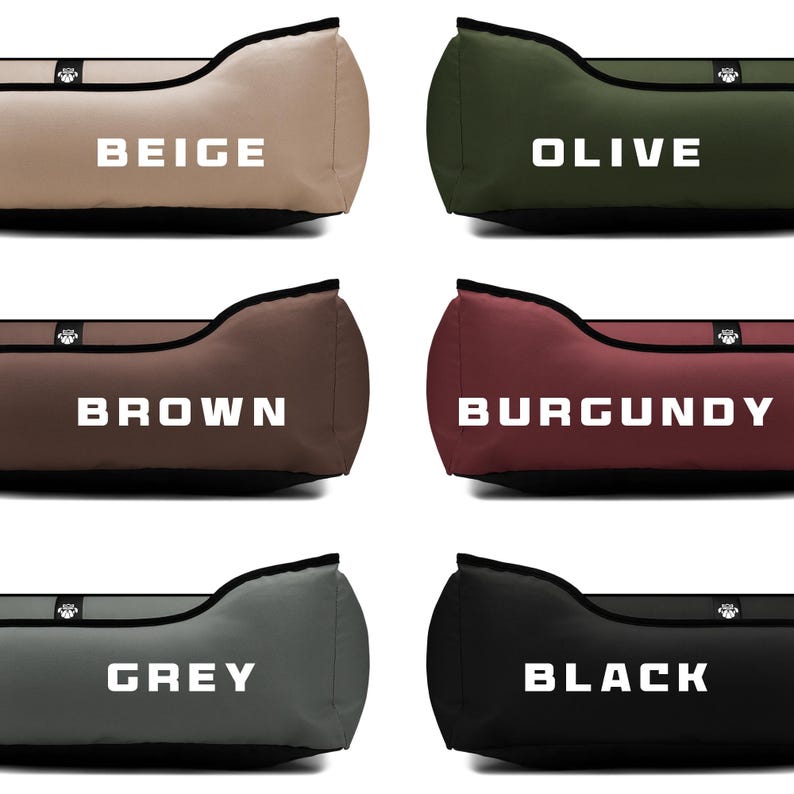 May include: A selection of pet beds in various colors, including beige, olive, brown, burgundy, grey, and black. Each bed has a curved shape with a black trim and a small emblem. The color names are displayed in white block letters on each bed.