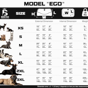 May include: A product size chart for the "EGO" model pet bed, featuring external and internal dimensions in inches and centimeters, along with weight in pounds and kilograms. The chart includes sizes XS to 3XL, with images of various dog breeds.