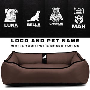 May include: A brown pet bed with a black trim and a black base. The bed has a rectangular shape with a low profile. Above the bed are four dog logos with names: Luna, Bella, Charlie, and Max. Text reads: LOGO AND PET NAME WRITE YOUR PET'S BREED FOR US.