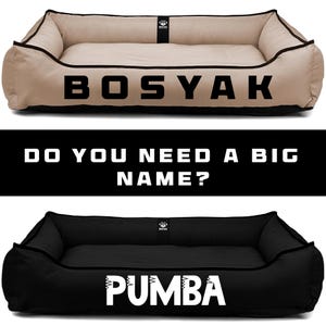 May include: Two dog beds are shown, one tan and one black. The tan bed has the name "BOSYAK" in large, bold letters. The black bed has the name "PUMBA" in large, bold letters. The text "DO YOU NEED A BIG NAME?" is in between the beds.