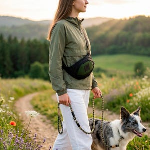 Könnte beinhalten: Eine Person geht mit einem Hund auf einem Pfad spazieren, trägt eine grüne Jacke, eine weiße Hose und eine schwarze Bauchtasche. Der Hund ist eine Mischung aus Grau, Weiß und Schwarz. Die Leine ist eine Mischung aus Grün, Schwarz und Beige.