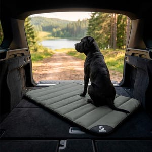 Puede incluir: Una alfombrilla rectangular de color verde oliva para mascotas con costuras acolchadas horizontales y un parche negro en la esquina con el texto blanco BOSTAK. La alfombrilla está colocada en el maletero de un vehículo bajo un perro negro.