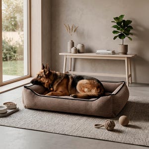 May include: A tan corduroy dog bed with a black trim, occupied by a German Shepherd. The dog is brown and black. A dog toy and ball are on the rug. The room has a neutral color palette with a wooden table and a plant.