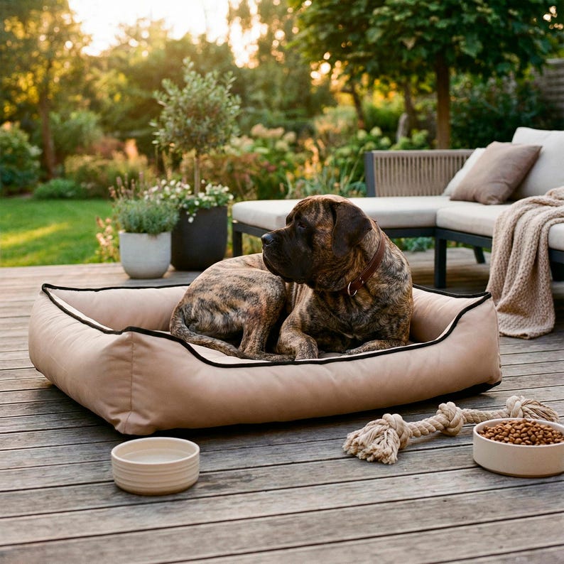 May include: A large dog with brown and black fur rests in a beige dog bed with a black trim. A rope toy and two ceramic bowls sit nearby. The dog is wearing a brown collar. The scene is set outdoors on a wooden deck.