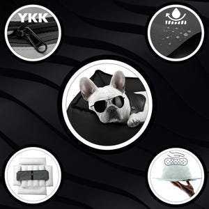 May include: A white French Bulldog wearing sunglasses and a black leather jacket, resting in a black dog bed. The image includes close-ups of the YKK zipper, water-resistant fabric, and a bed with pillows.