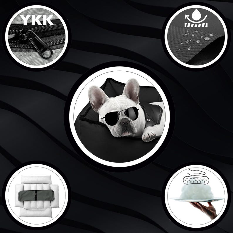 May include: A white French Bulldog wearing sunglasses and a black leather jacket, resting in a black dog bed. The image includes close-ups of the YKK zipper, water-resistant fabric, and a bed with pillows.