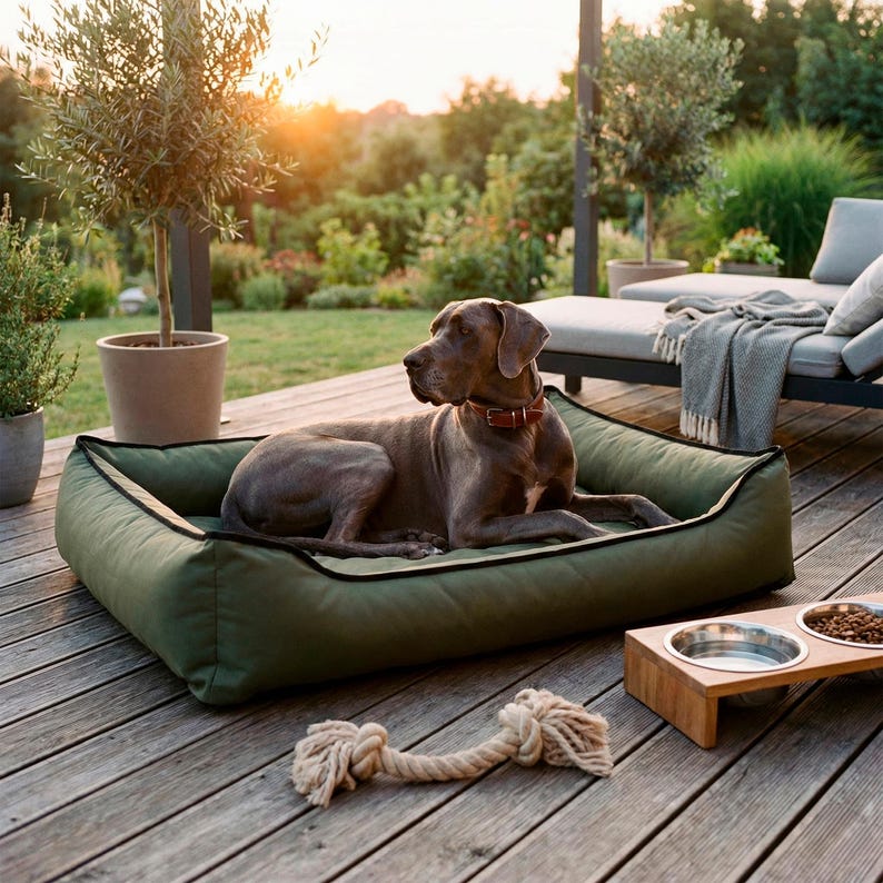 May include: A large gray dog wearing a brown collar rests in a green dog bed with a black trim. A wooden dog bowl and a rope toy are nearby. The scene is set outdoors on a wooden deck with trees and plants in the background.