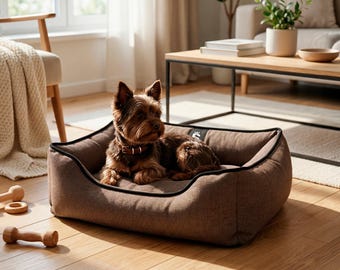 Cama pequeña tejida marrón para perros, sofá texturizado para cachorros, sofá ortopédico para mascotas, tumbona de tela lavable.