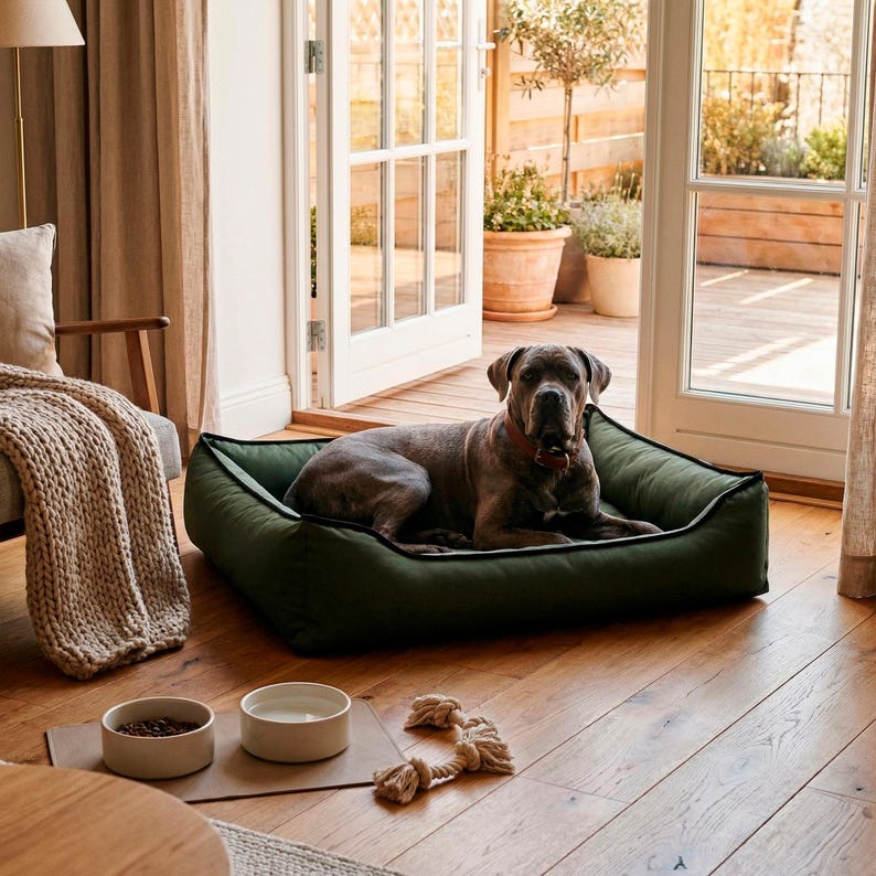 May include: A large dog rests in a dark green dog bed with black trim. Two ceramic bowls and a rope toy sit on the wooden floor. The dog is wearing a red collar.
