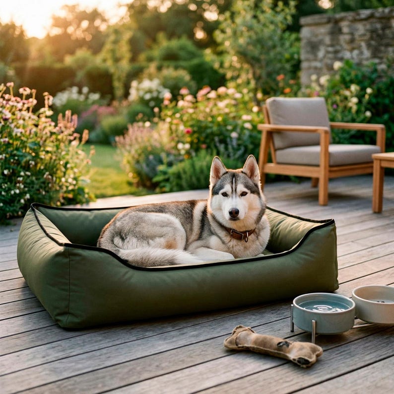 May include: A Siberian Husky dog rests in an olive green dog bed with a black trim. The dog is wearing a brown collar. Two ceramic bowls and a bone-shaped toy are nearby on a wooden deck. The background features a garden and outdoor furniture.