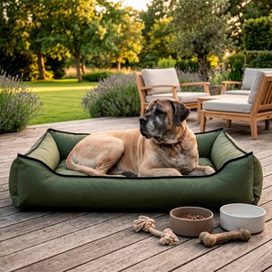 May include: A large, tan dog rests in a green dog bed with black trim. Beside the bed are two ceramic bowls, a bone-shaped chew toy, and a rope toy. The scene is set outdoors on a wooden deck.