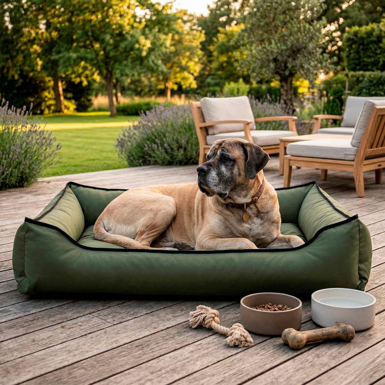 May include: A large, tan dog rests in a green dog bed with black trim. Beside the bed are two ceramic bowls, a bone-shaped chew toy, and a rope toy. The scene is set outdoors on a wooden deck.