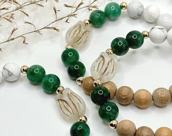 Green Mica Gemstone Bracelet: Czech Glass Tulip, Driftwood, Howlite, Gold Filled