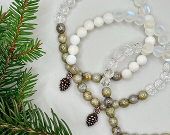 Frosted Pine Charm Bracelet: Mother of Pearl, Quartz & Green Glass